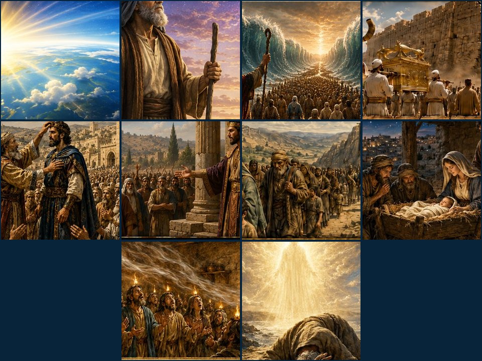 A visual sequence from Creation through the patriarchs, Exodus, Israel's kingdoms, Jesus, the early church, and Revelation.