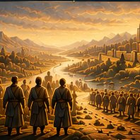 People walking toward an ancient city.