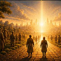 People walking toward a city filled with light.