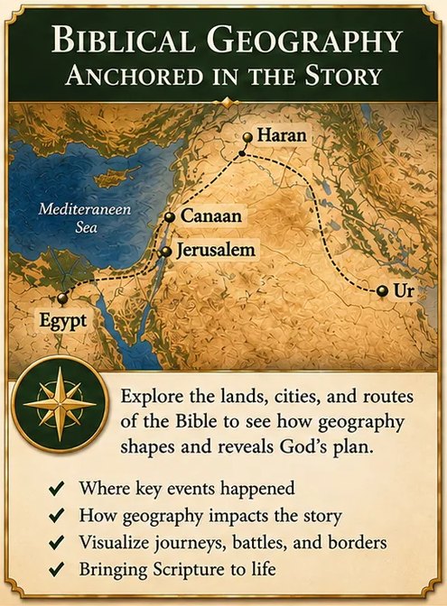 Biblical Geography Anchored in the Story: an illustrated map of the ancient Near East tracing a route from Ur through Haran and Canaan to Egypt.
