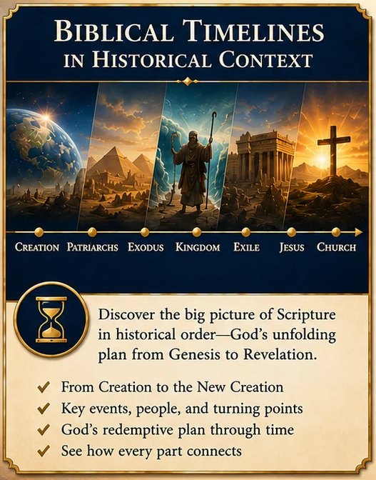 Biblical Timelines in Historical Context: an illustrated panel running from Creation, the patriarchs, Exodus, the kingdom, exile, and Jesus to the church.