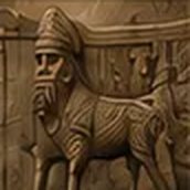 Illustrated Assyrian stone relief of a winged bull figure.