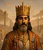 Illustrated Persian king wearing a golden crown.