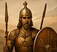 Illustrated Philistine warrior with a helmet, spear, and round shield.