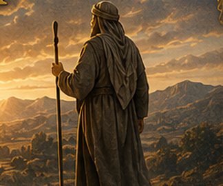Illustrated Abraham seen from behind, holding a staff and looking over hills at sunset.