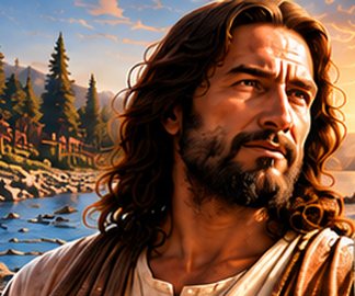 Illustrated Jesus, a bearded man with long hair by a lakeshore.