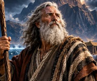 Illustrated Moses, an older bearded man with a long staff.