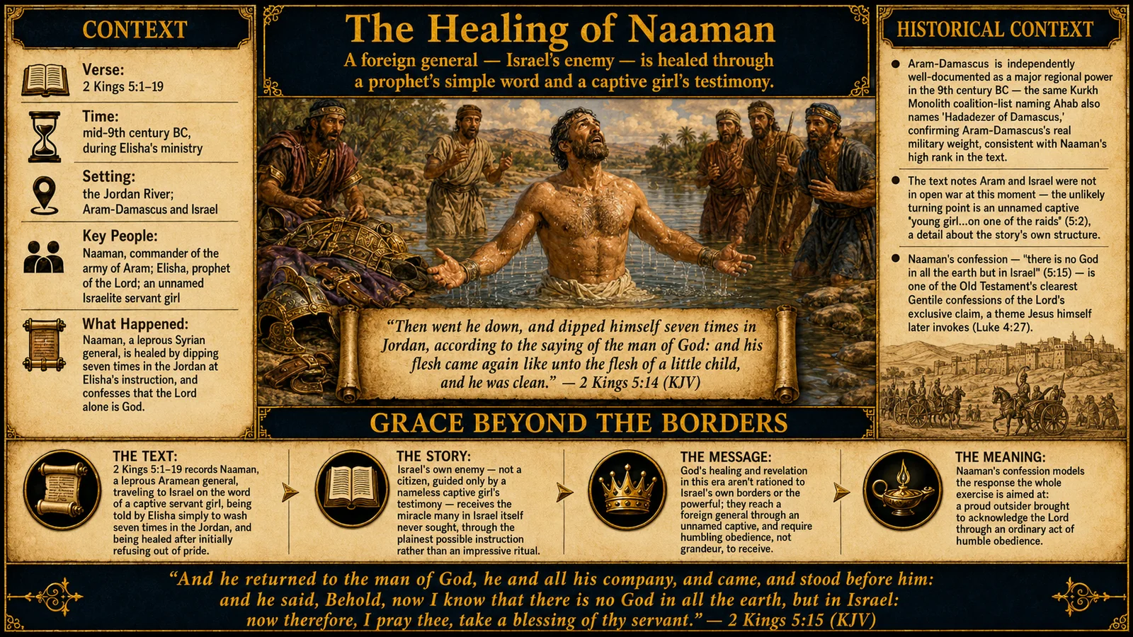 Teaching slide on the healing of Naaman, the Syrian army commander who dips seven times in the Jordan at Elisha’s word, with 2 Kings 5:14 and a summary.
